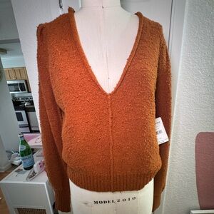 Free People V-Neck Sweater in Warm Orange